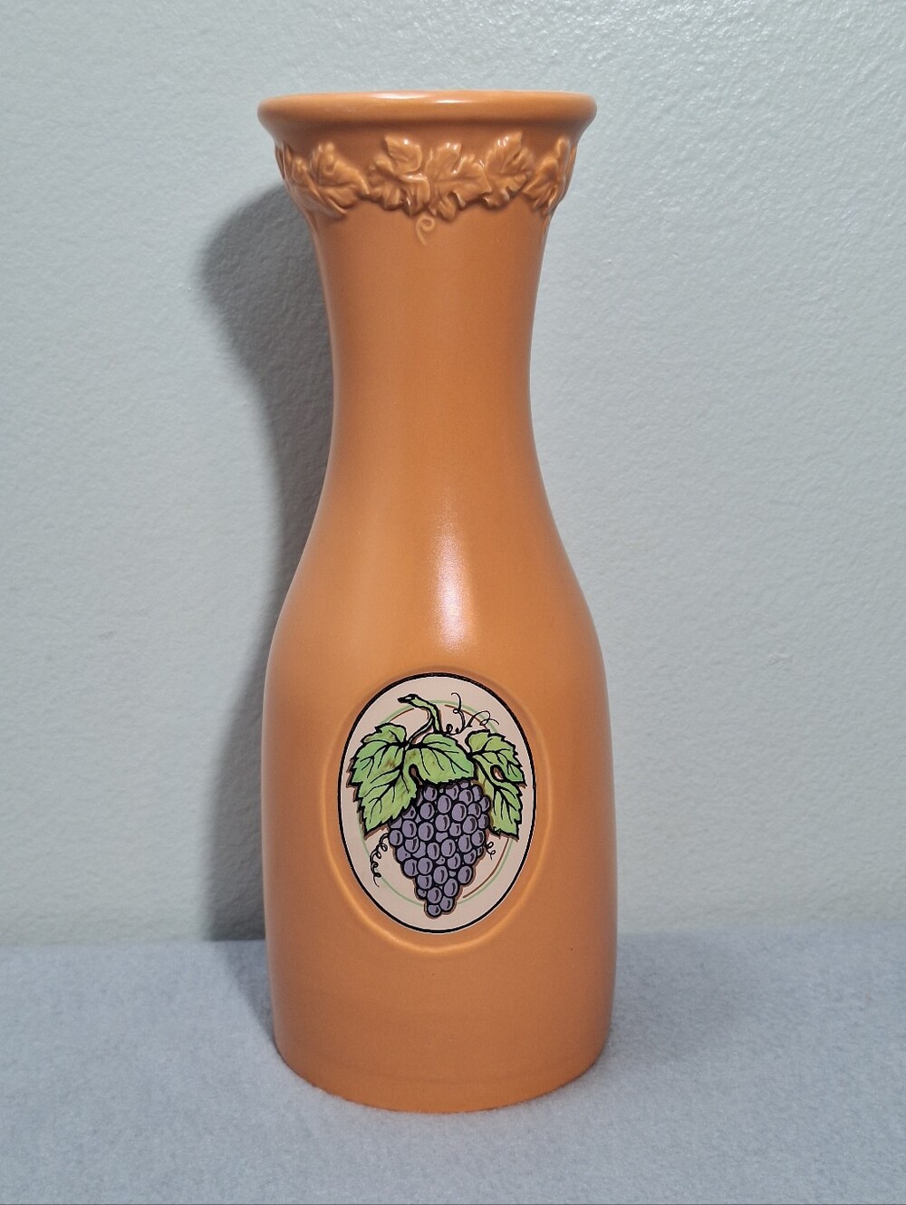 Vtg Himark Terracotta Color Ceramic Wine Carafe Embossed Leaf And Grapes Tuscan